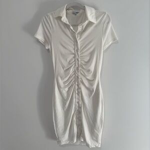 Fashion Nova Y2K Ruched Button Front Mini Shirt Dress Cream Size S